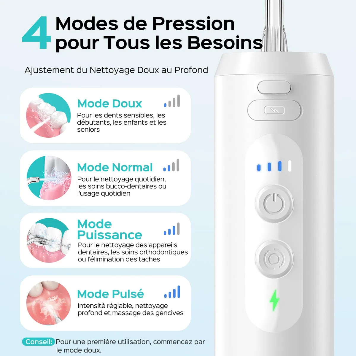 COSLUS Mini Jet Dentaire Hydropulseur Portable: Design Compact et Sans Fil, 4 Modes IPX7, Idéal pour Appareil Dentaire, Orthodontie et Dents Sensitives, Usage Nomade, Gris Blanc, T40