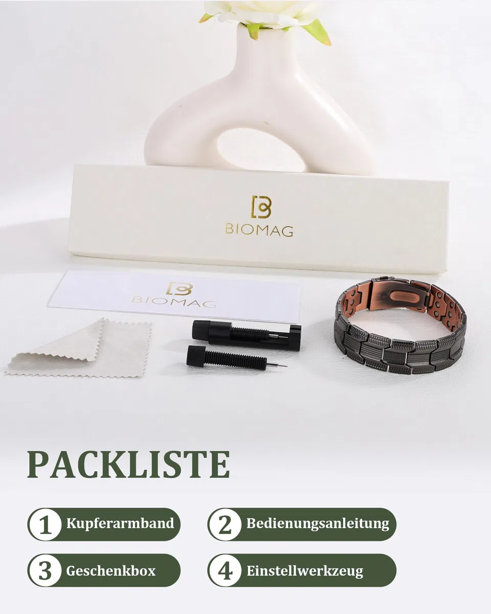 BioMag Bracelet magnétique pour homme en cuivre pur 99,99 % - Bracelet de thérapie magnétique avec outil de réglage de la taille gratuit pour une longueur de poignet individuelle