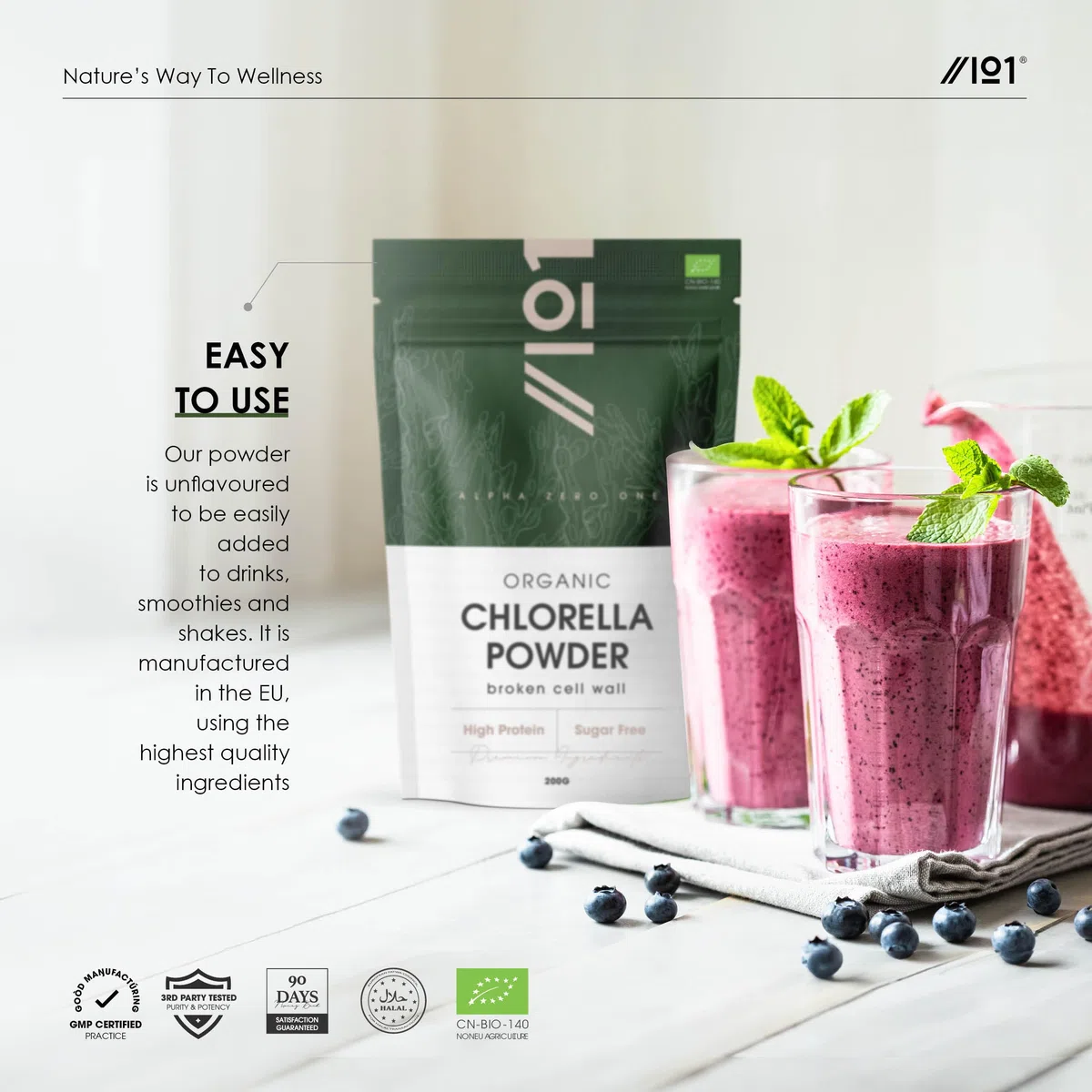 Poudre de chlorella bio 200 g - Paroi cellulaire cassée - Complément alimentaire pur sans additifs - Sachet refermable et recyclable - par Alpha01