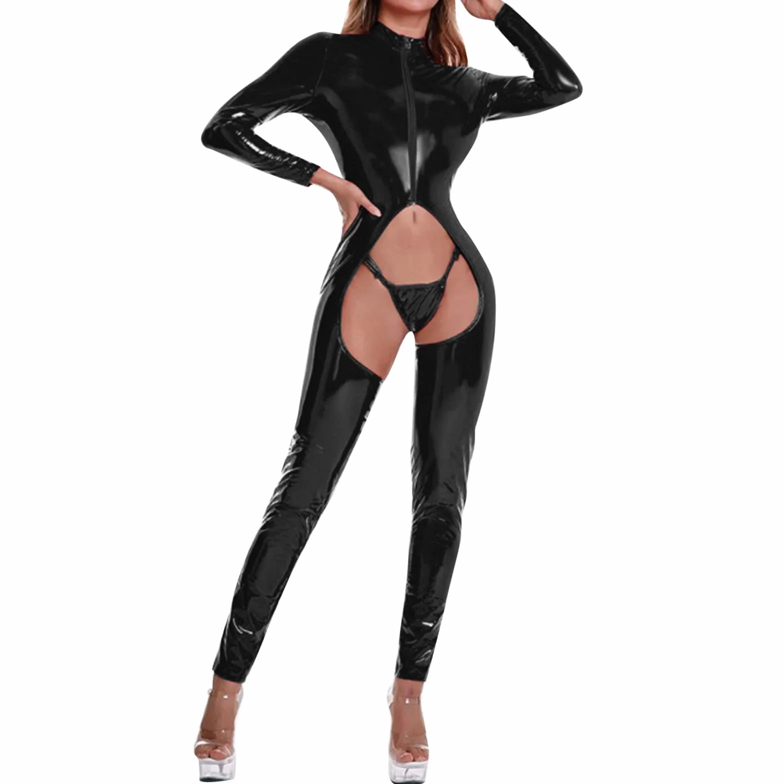 Body sexy pour femme - Effet mouillé - Effet mouillé - En cuir verni - Maillot de bain - Lingerie érotique ouverte - Entrejambe ouvert