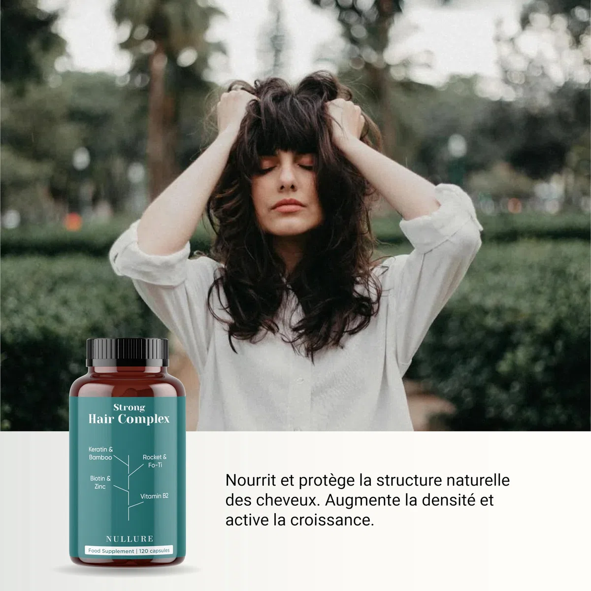 Nullure Formule Pousse Cheveux | Biotine + Kératine + Zinc + Fo Ti + Vitamine B2 + Bambou + Roquette | Complement Alimentaire | Biotine Cheveux Pousse Rapide - Sans Excipient |120 gélules (2 mois)