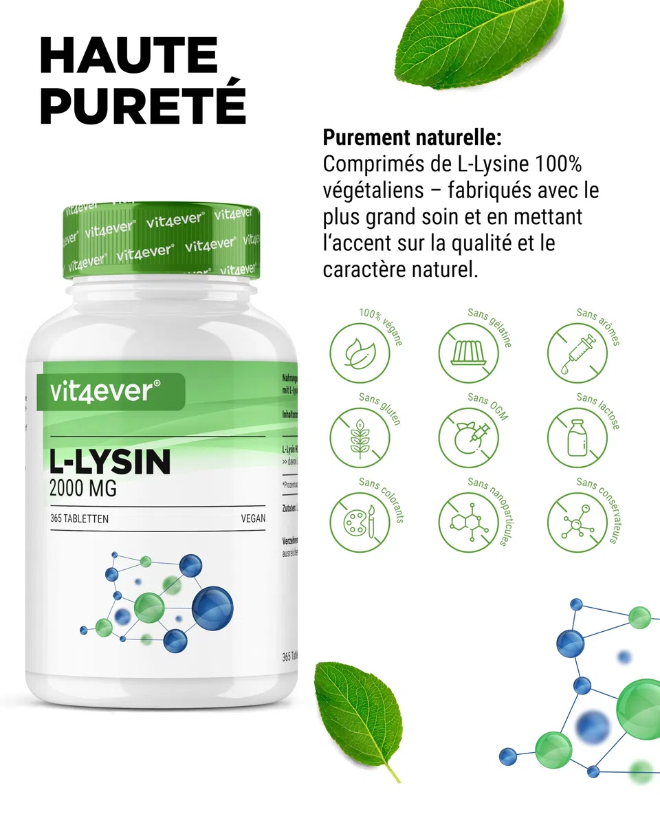 L-Lysine - 365 Comprimés - Fortement Dosé avec 2000 mg de L-Lysine HCL par Jour - Issu de Fermentation Végétale - sans Additifs Indésirables - Végétalien