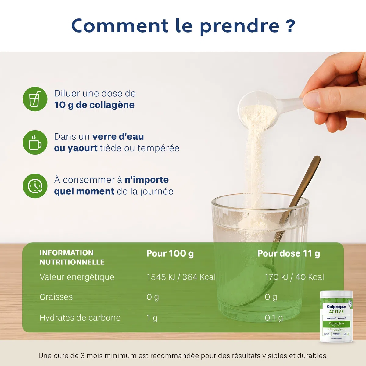 Collagène Poudre + Acide Hyaluronique - Récupération Active - Articulations | Colpropur Active, saveur neutre, 30 doses 10 g, collagène type I et II, magnésium, vitamine C, acide hyaluronique, sans sucre