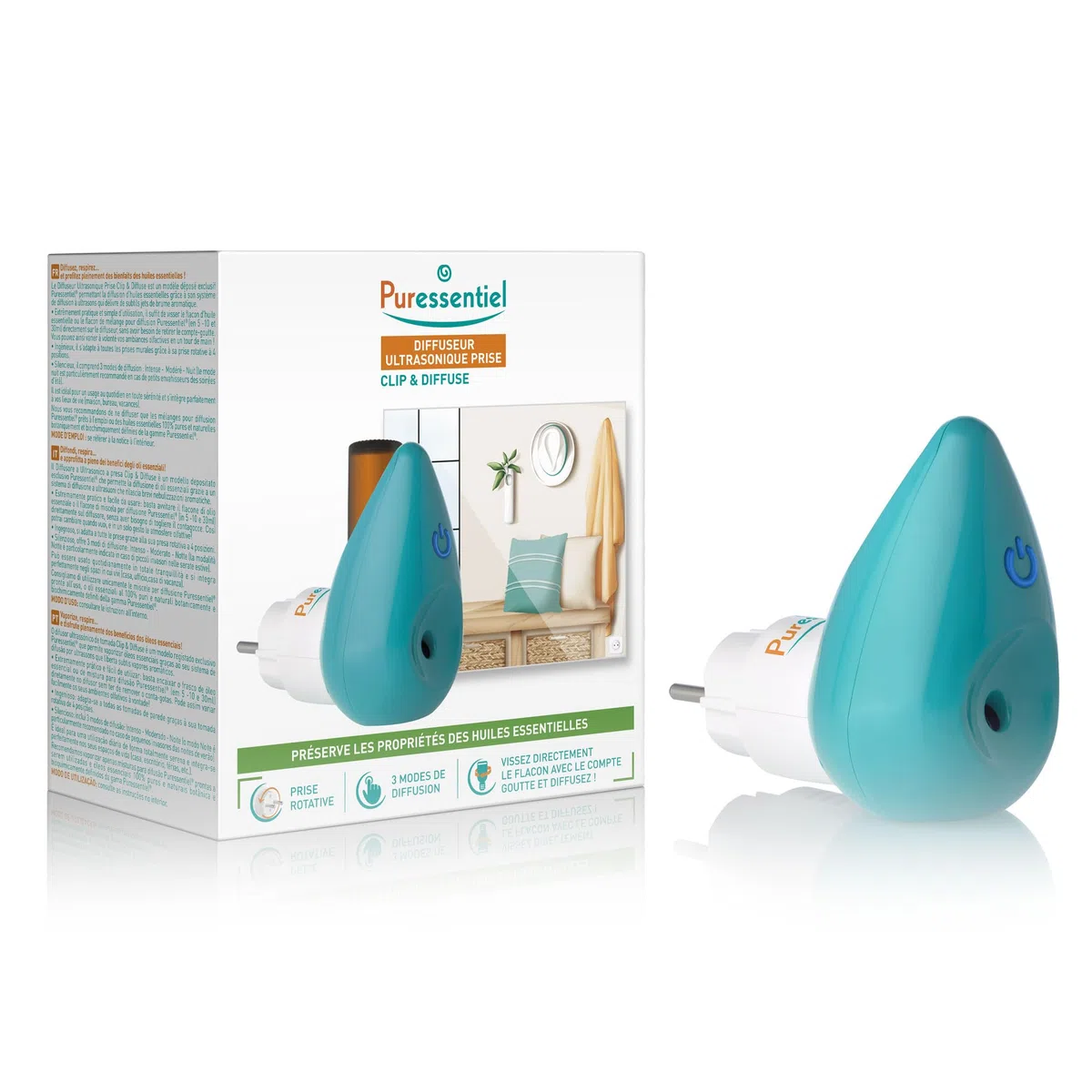 Puressentiel - Diffuseur d'huiles essentielles à ultrasons - Clip et diffuseur - Diffuseur d'aromathérapie Rotatif et à poignée silencieuse - sans Eau, LED,Blanc et Bleu