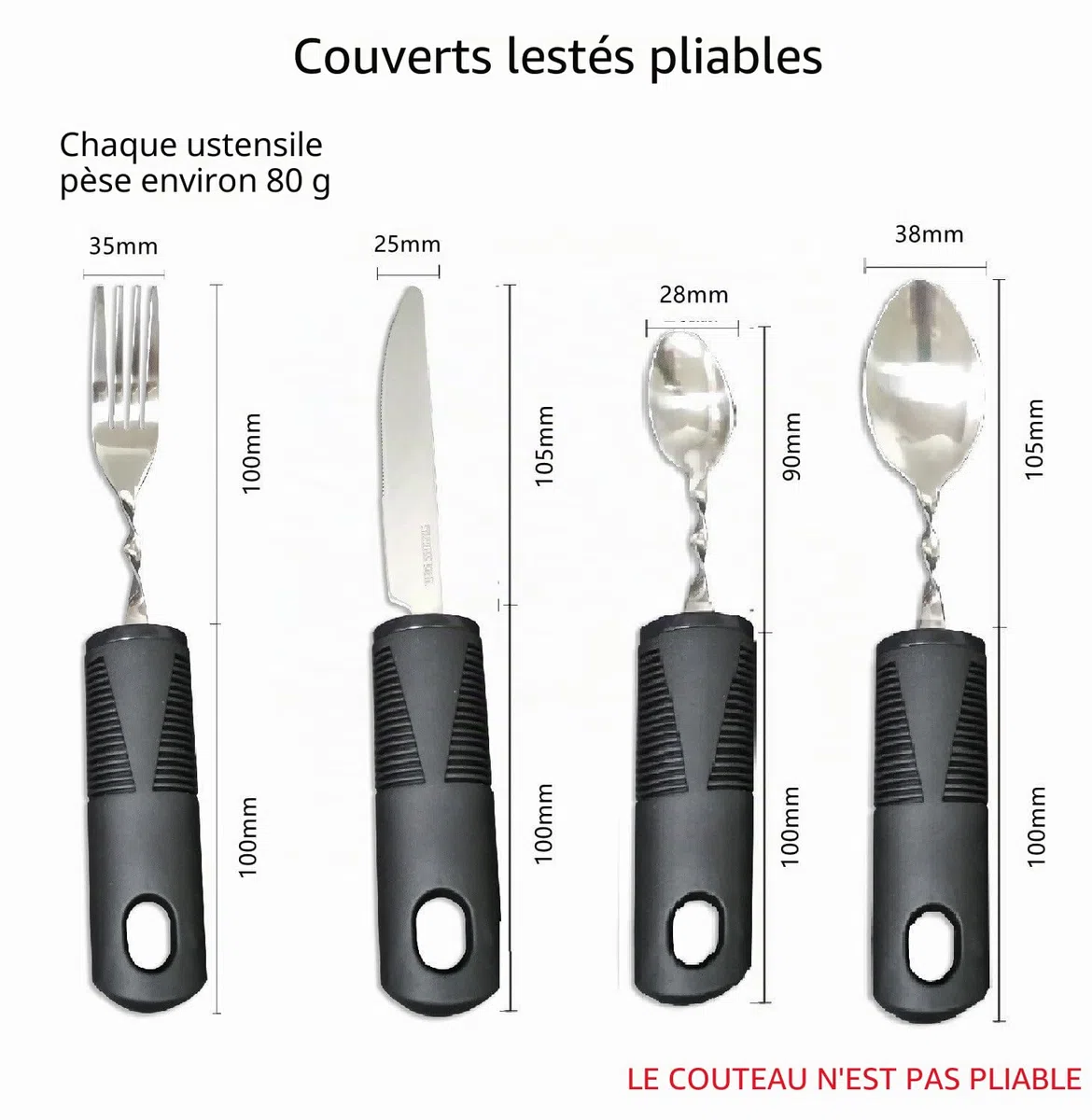 Ensemble de couverts pliables avec poignées extra larges et en main Aide à la salle à manger idéale pour les personnes âgées souffrant d'arthrite, de maladie de Parkinson et de tremblements