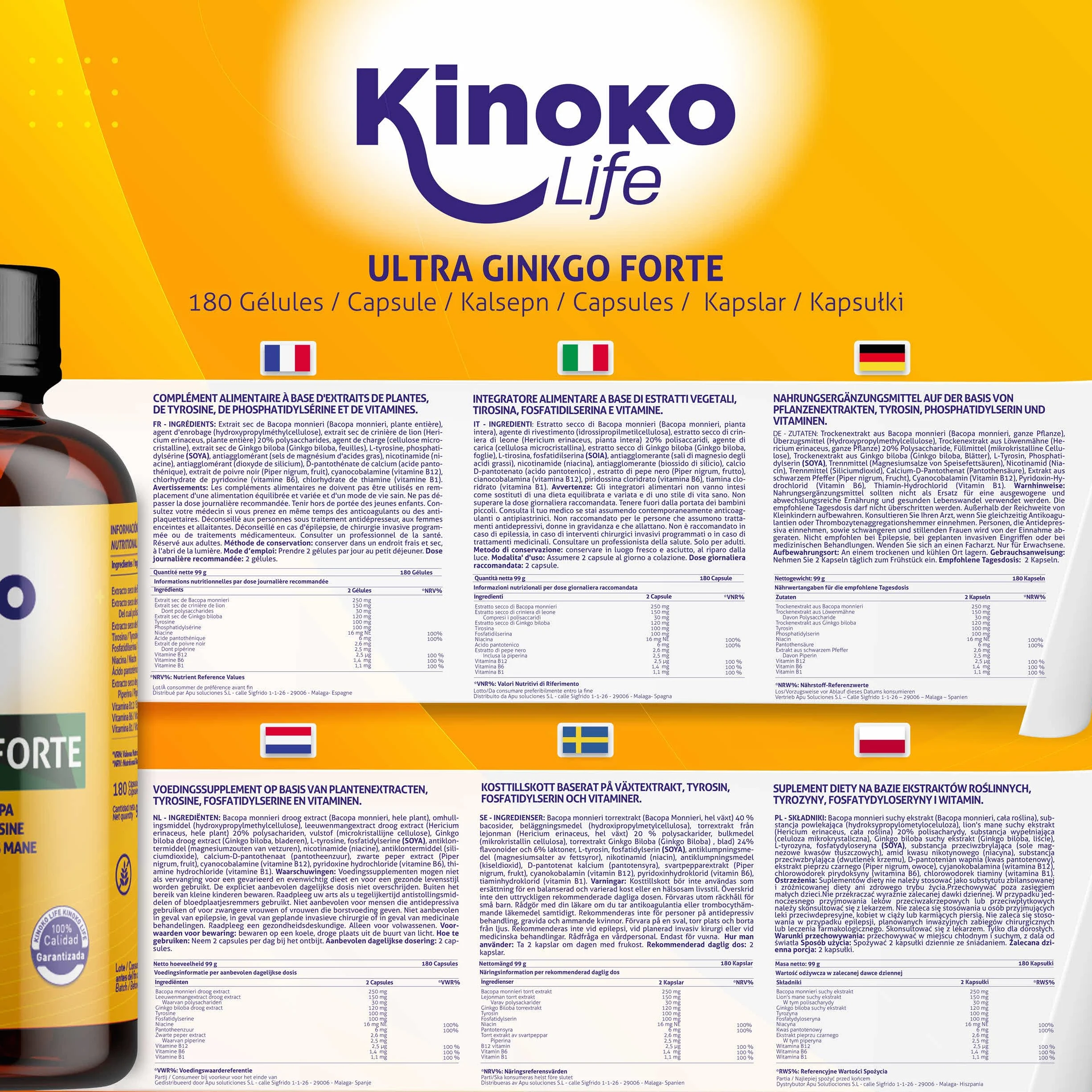 Ginkgo Forte Ultra - 180 Gélules avec Bacopa, Phosphatidylsérine, Crinière de Lion, Tyrosine, Niacine et Vitamines B, Nootropique Naturel