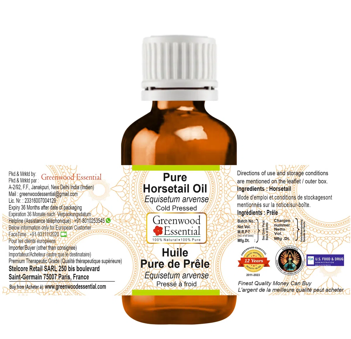Greenwood Essential Huile de prêle pure (Equisetum arvense) pressée à froid de qualité thérapeutique naturelle 30 ml