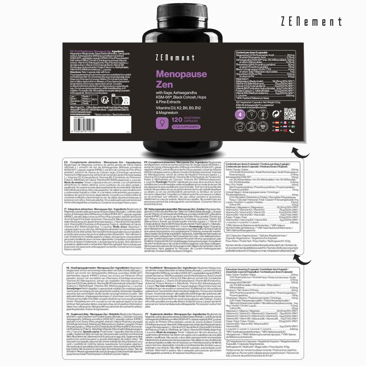 Formule Ménopause Jour & Nuit – 11 Ingrédients Actifs : Sauge, Ashwagandha KSM-66, Houblon, Pin, Actée à Grappes Noires, Vitamines D3 K2 B6 B9 B12 et Magnésium – 120 Gélules, Sans Soja – Menopause Zen