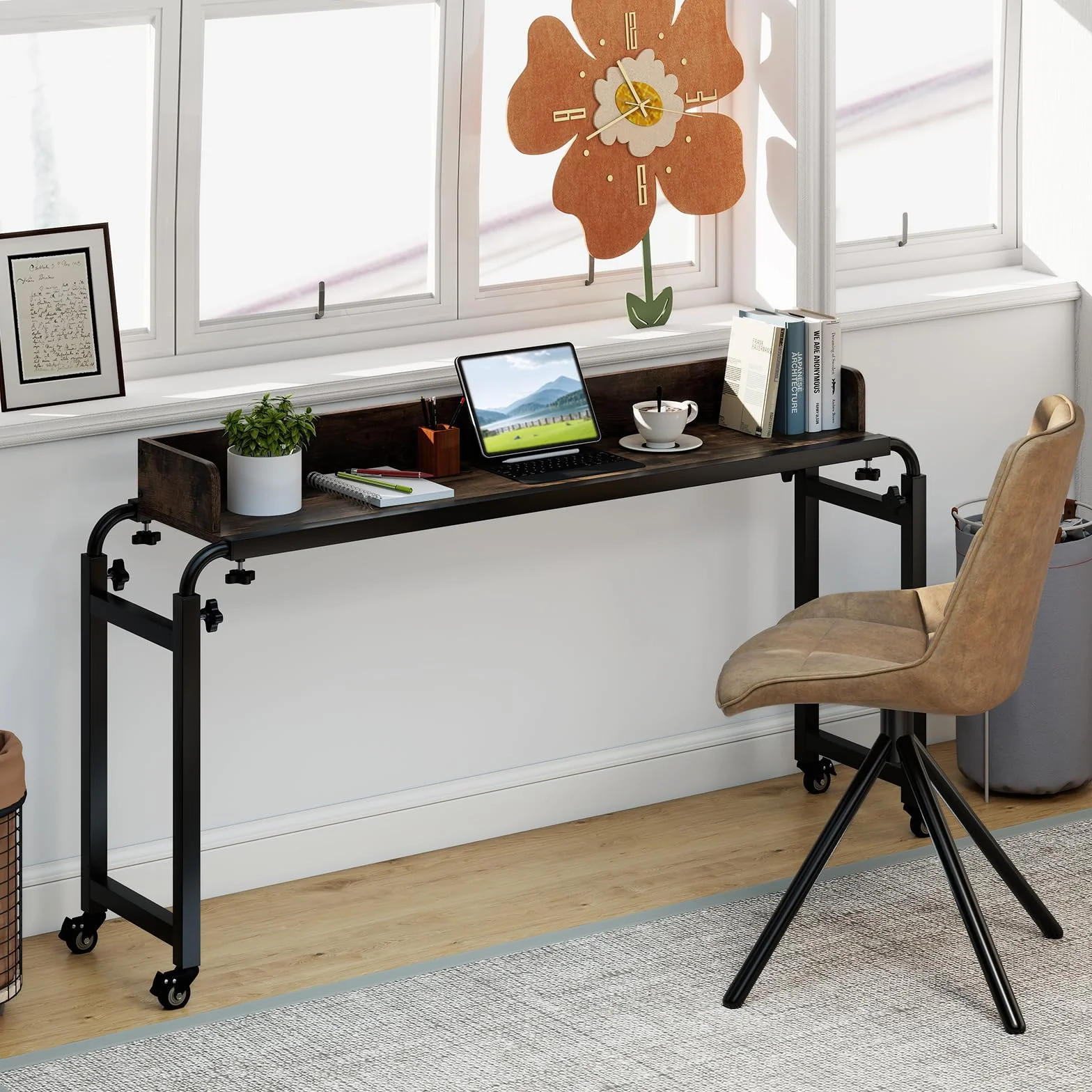 LIFEZEAL Table de lit à roulettes 117 x 35 cm, Table d'appoint pour Ordinateur Portable Polyvalente réglable, Bureau sur Le lit avec Hauteur et Largeur modifiables, Compatible avec Plusieurs Lits