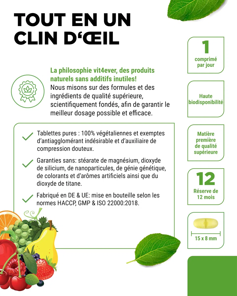 Multivitamine A-Z - 365 comprimés (12 mois) - 32 principes actifs - Combinaison de minéraux + acides aminés + oligo-éléments + extraits de plantes - Vegan - Fortement dosé