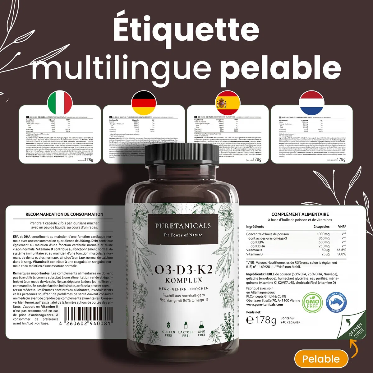 Oméga 3 + Vitamine D3 + K2 MK7 All-Trans - Premium Essentiels O3-D3-K2 Complexe à Haut Dosage - Huile de Poisson aux Acides Gras EPA & DHA, Vit D3 K2 | Omega3 Gouttes | 240 Gélules