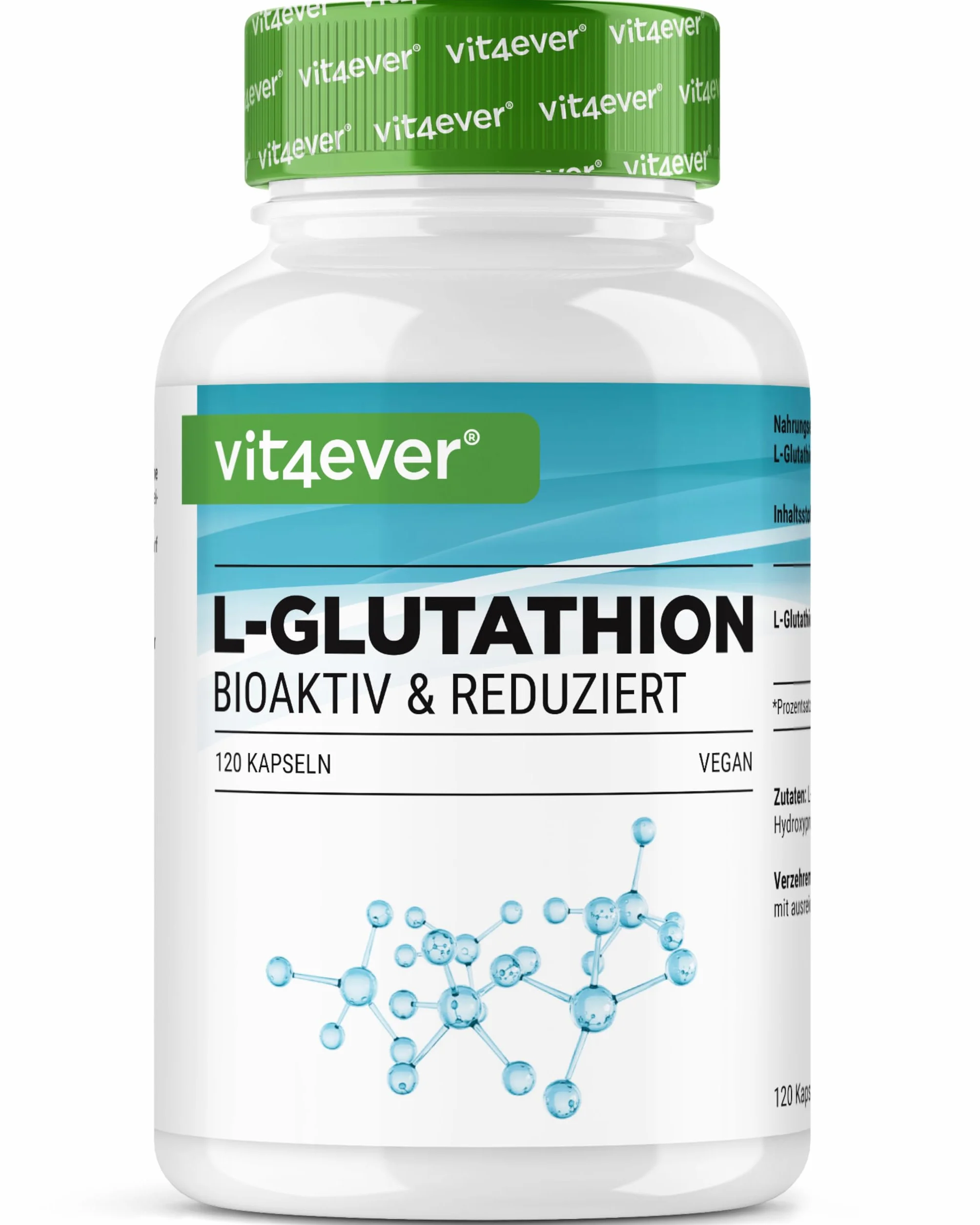 L-Glutathion - 120 Gélules avec 500 mg par Gélule - Premium : Glutathion Réduit & Bioactif Issu de la Fermentation - Hautement Dosé - Vegan