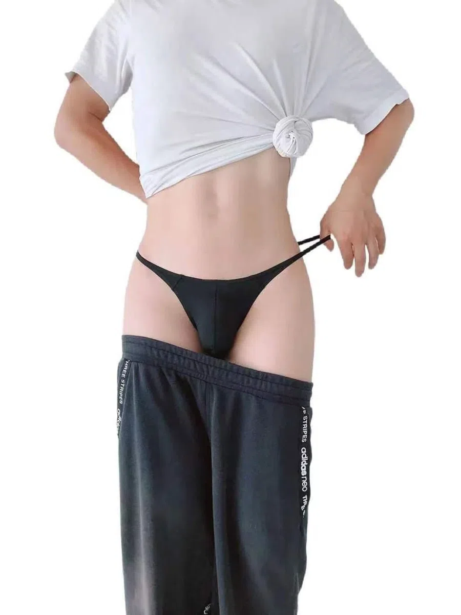 String en Nylon pour Homme - Dos en T sans Couture - Slip Sexy Taille Basse - G-String Bulge Pouch sous-vêtements Noir/Noir