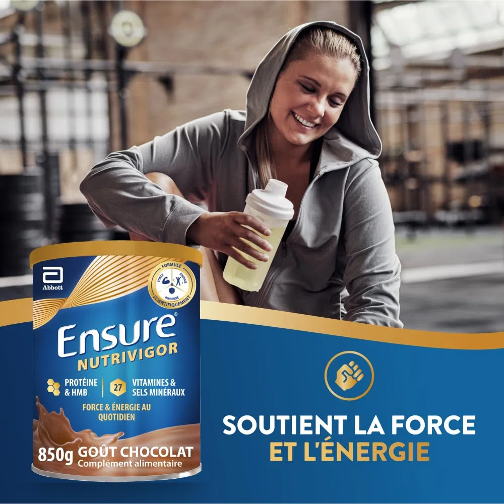 Ensure NutriVigor - Complément alimentaire avec protéines, 27 vitamines et minéraux et HMB - Pour une alimentation saine et équilibrée - Chocolat - 1 x 850 g