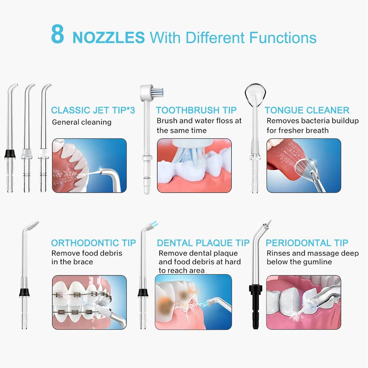 TUREWELL Hydropulseur Jet Dentaire avec 8 buses multifonctions, capacité de 600ml, 10 réglages de pression d'eau, approuvé FDA/CE Irrigateur Oral professionnel (Noir)