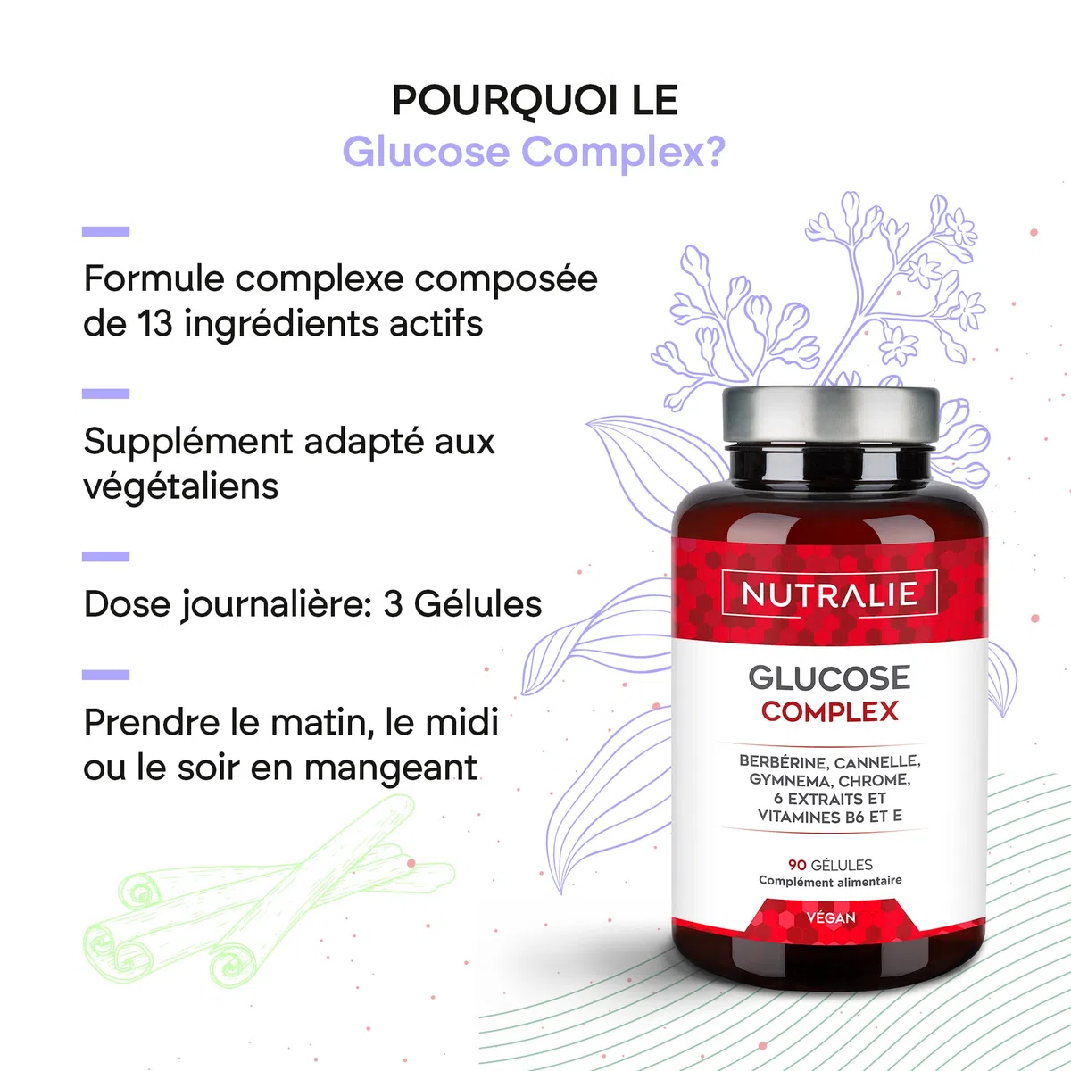 Glucose Complex 2000mg - Glycémie - Contrôle Glucose Berbérine Cannelle Chrome Melon Amer Gymnema Poivre Noir et Vitamine E B6 - Contribue au Maintien d'une Glycémie Normale - 90 Gélules Nutralie