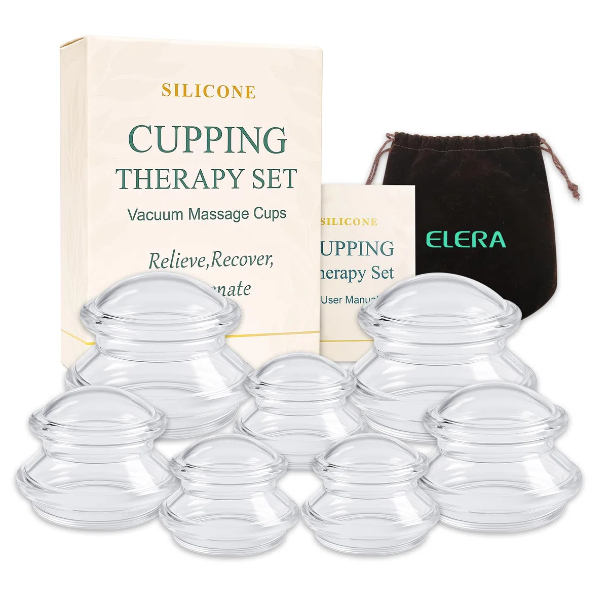 ELERA Ventouse Anti-Cellulite - 7 Cups en Silicone Professionnels, Outil de Massage pour le Corps, Améliore la Circulation, Aide à Raffermir la Peau, Compatible avec les Huiles de Massage