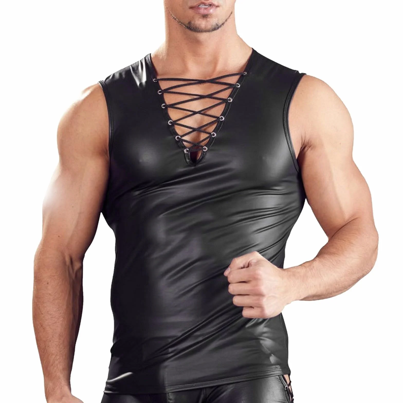 Latex Similaire Swinger-Club Kinkywear Débardeur Slim Fit Wetlook Top Maillot de corps en cuir verni Manches courtes Tenue Kinky Chemise en maille Chemise en maille Clubwear Techno Tenue pour hommes