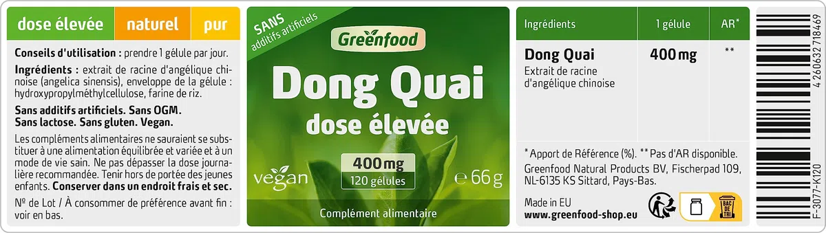 Greenfood Dong Quai, 400 mg, extrait à dose élevée (10:1), 120 gélules - SANS additifs artificiels, sans génie génétique. Vegan.