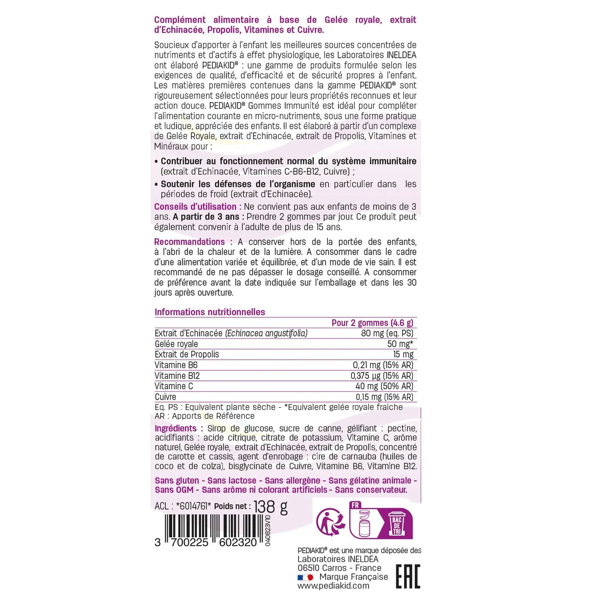 PEDIAKID - Pack Enfants Automne/Hiver - PEDIAKID Sirop Nez-Gorge + PEDIAKID 22 Vitamines & Oligo-éléments + PEDIAKID spray Nez-Gorge + PEDIAKID gommes immunité + PEDIAKID gommes P'tit Biotic