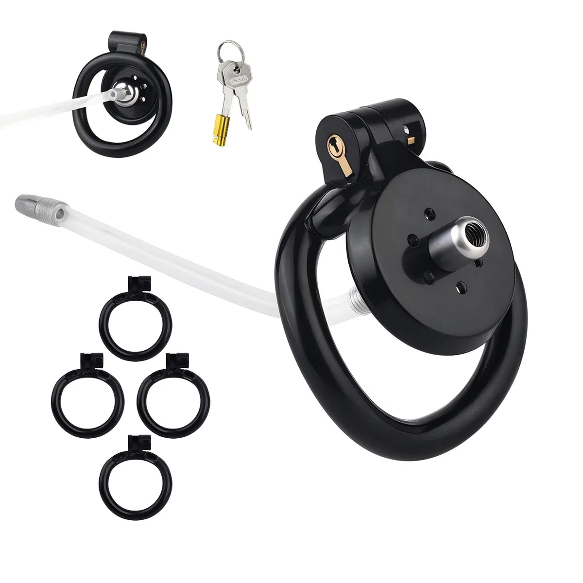 Cage Chastetée Plate avec Cathéter Cage de Chasteté pour Pénis avec 4 Anneaux Courbés Jouet Adulte Chastity Cage Inversée Légère avec Serrure Invisible pour le Bondage du Pénis de l'Homme (Black)