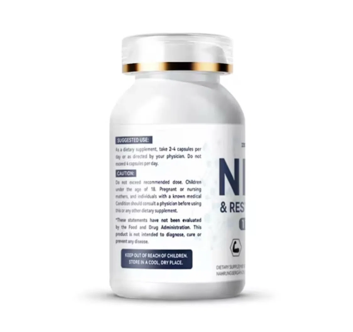 NAD+ Trans-Resvératrol 1100 mg Capsules Booster d'énergie, anti-âge et antioxydant, absorption maximale, végétalien, sans gluten, soutien pour la santé cellulaire et la longévité, 60 capsules,