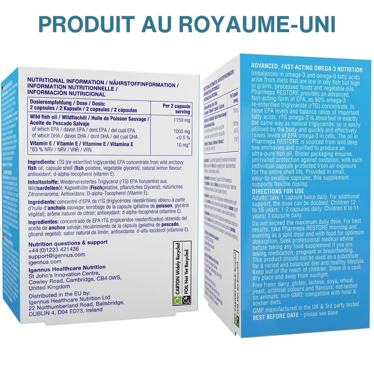 Pharmepa RESTORE Oméga 3 EPA 1000 mg, Concentré à 90%, forme rTG, Huile de Poisson Sauvage Ultra Pure, 60 capsules, Certifié IFOS, Goût Naturel de Citron - par Igennus