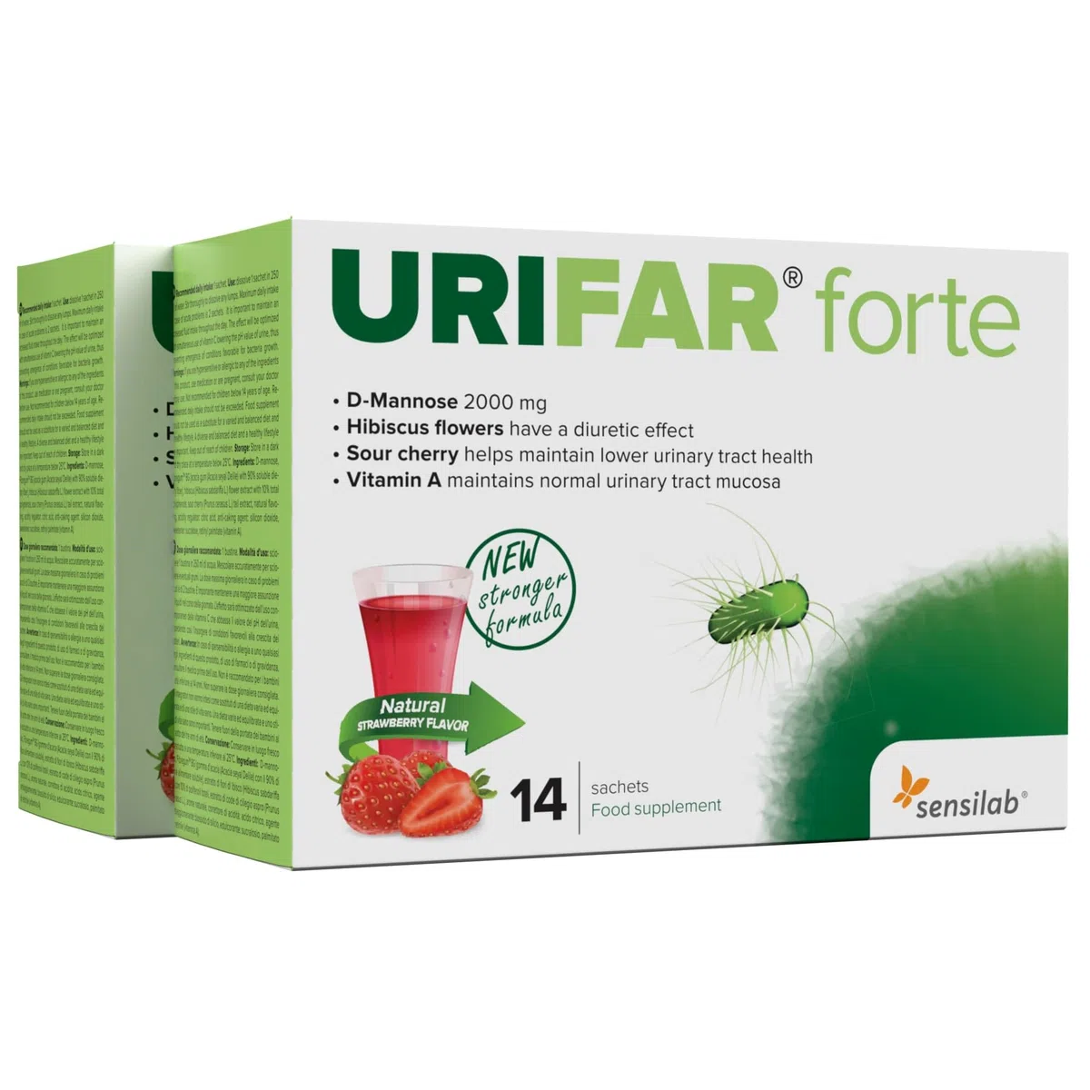 Sensilab Urifar Forte - Boisson D-Mannose à la Fraise, 28 Sachets | Hibiscus, Extrait de Cerise Griotte, la Vitamine A contribue au Maintien de Muqueuses Normales