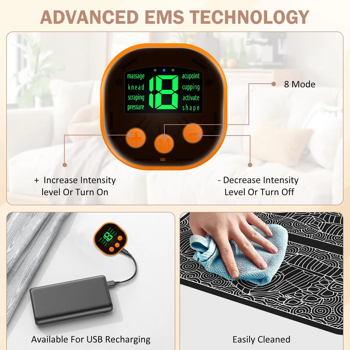 Masseur de Pieds EMS Portable, Tapis Masseur des Pieds Électrique Pliable avec 8 Modes et 19 Niveaux d'Intensité, pour Circulation Sanguine et Relaxation Musculaire
