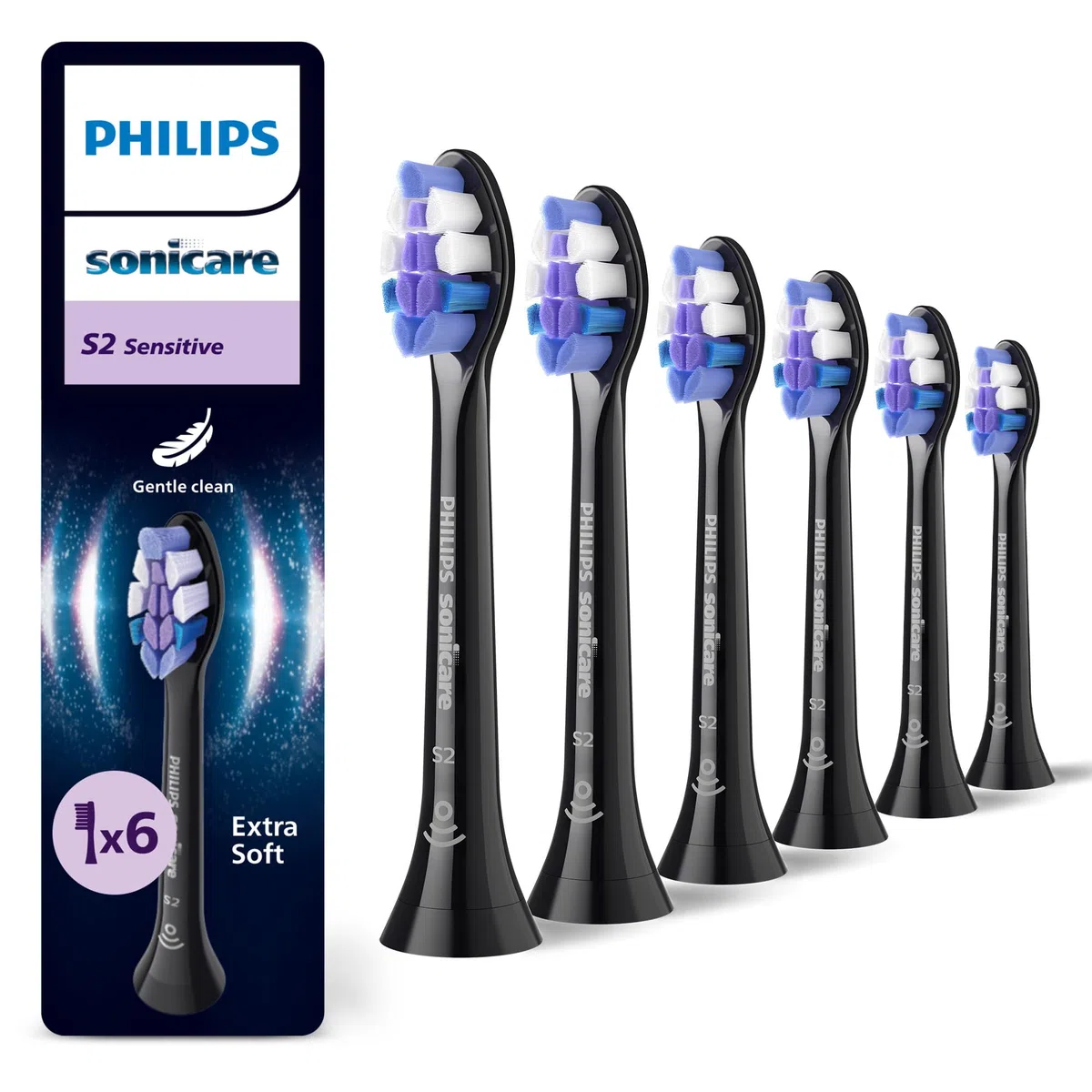 Philips Sonicare S2 Sensitive, têtes de brosse de rechange, noir, lot de 6, HX6056/88