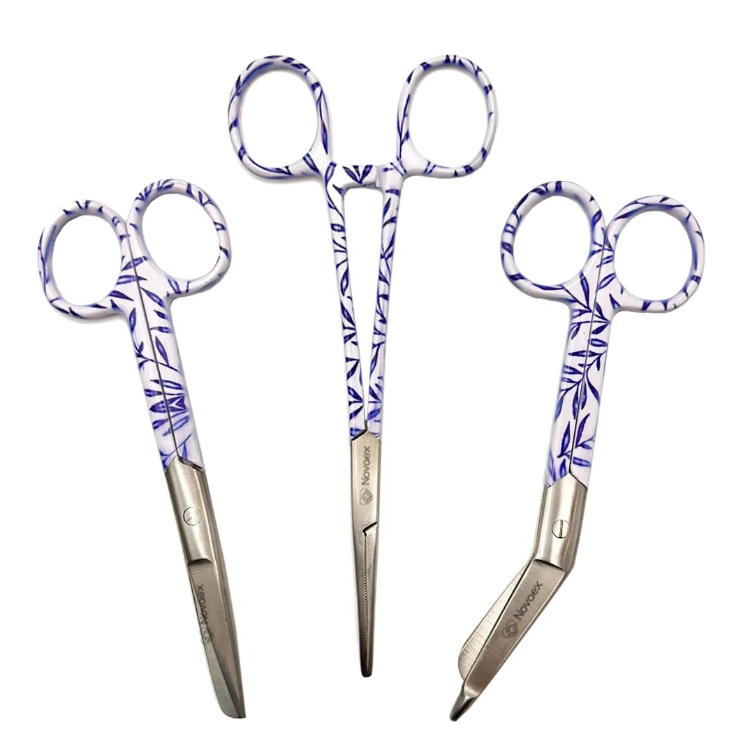 Set de ciseaux d'infirmière "Feuilles bleues" - Ciseaux à bandages - Accessoires infirmiers - Ciseaux de premiers secours - Ciseaux médicaux - Kocher - Cadeau pour infirmière
