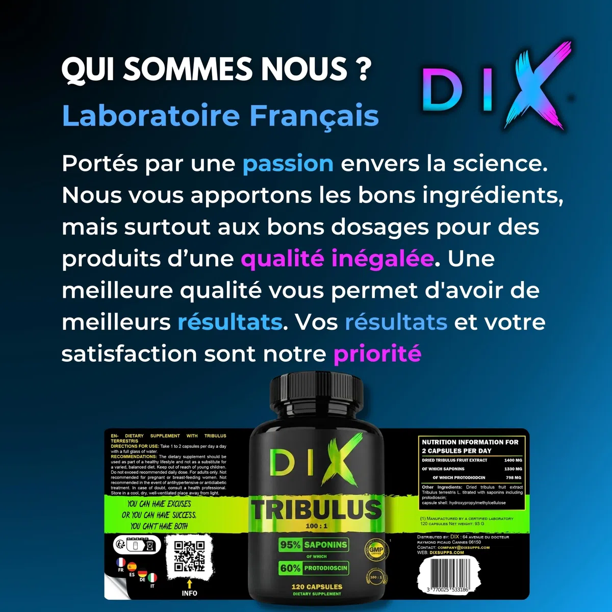 TRIBULUS TERRESTRIS ✗ Haute concentration 100:1 ✗ Performance sportive ✗ 95% Sapionins ✗ 60% Protodioscin ✗ Testé certifié ✗ Sans Mycotoxine ✗ Haute teneur en actifs ✗ Société Française ✗