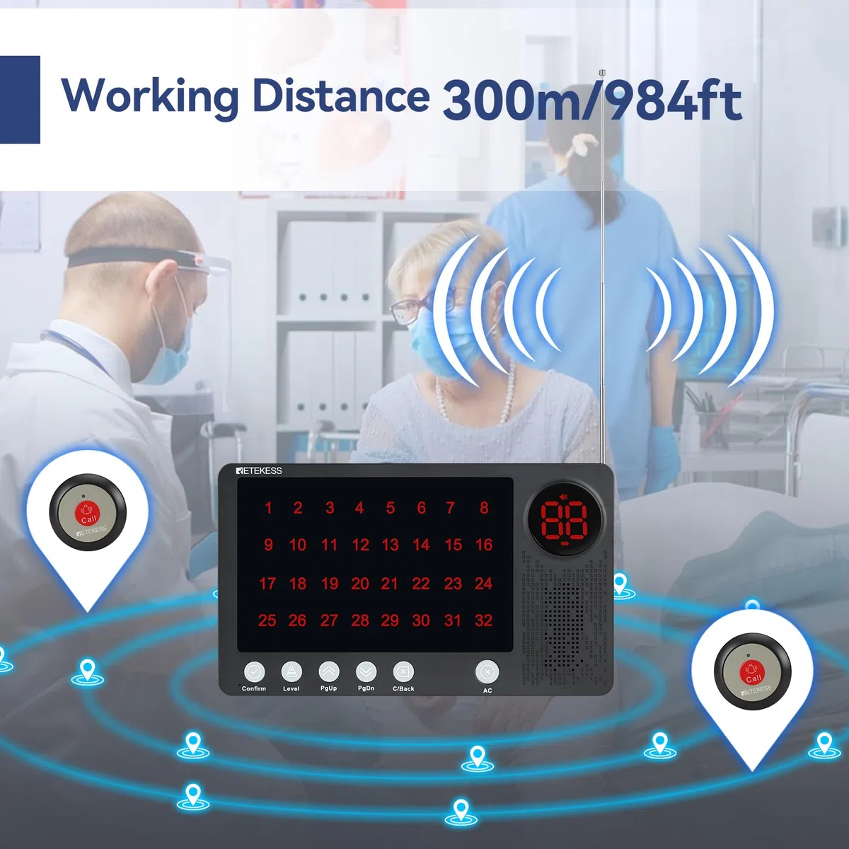 Retekess TH107 Bouton d'Appel d'urgence pour Personnes âgées, Système d'Appel d'urgence, Affichage 32 Bits, Distance d'Appel de 300m, 10 Langues et 3 Invites, pour Clinique, Hôpital