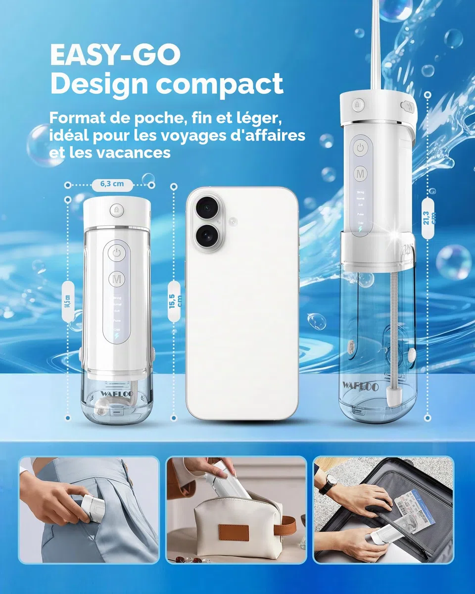 Mini Jet Dentaire Hydropulseur Portable, 5 Modes, Réservoir 180ml, IPX7 Étanche, Jet Dentaire de Voyage, Mini Water Flosser pour Maison et Déplacements, Blanc
