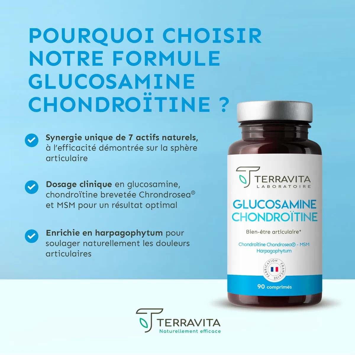 Glucosamine Chondroïtine | Avec Harpagophytum + MSM + Vitamine C + Oligo-éléments | Articulations Douloureuses - Arthrose - Perte de Mobilité | 90 Comprimés Dosage Fort | Made in France | Terravita