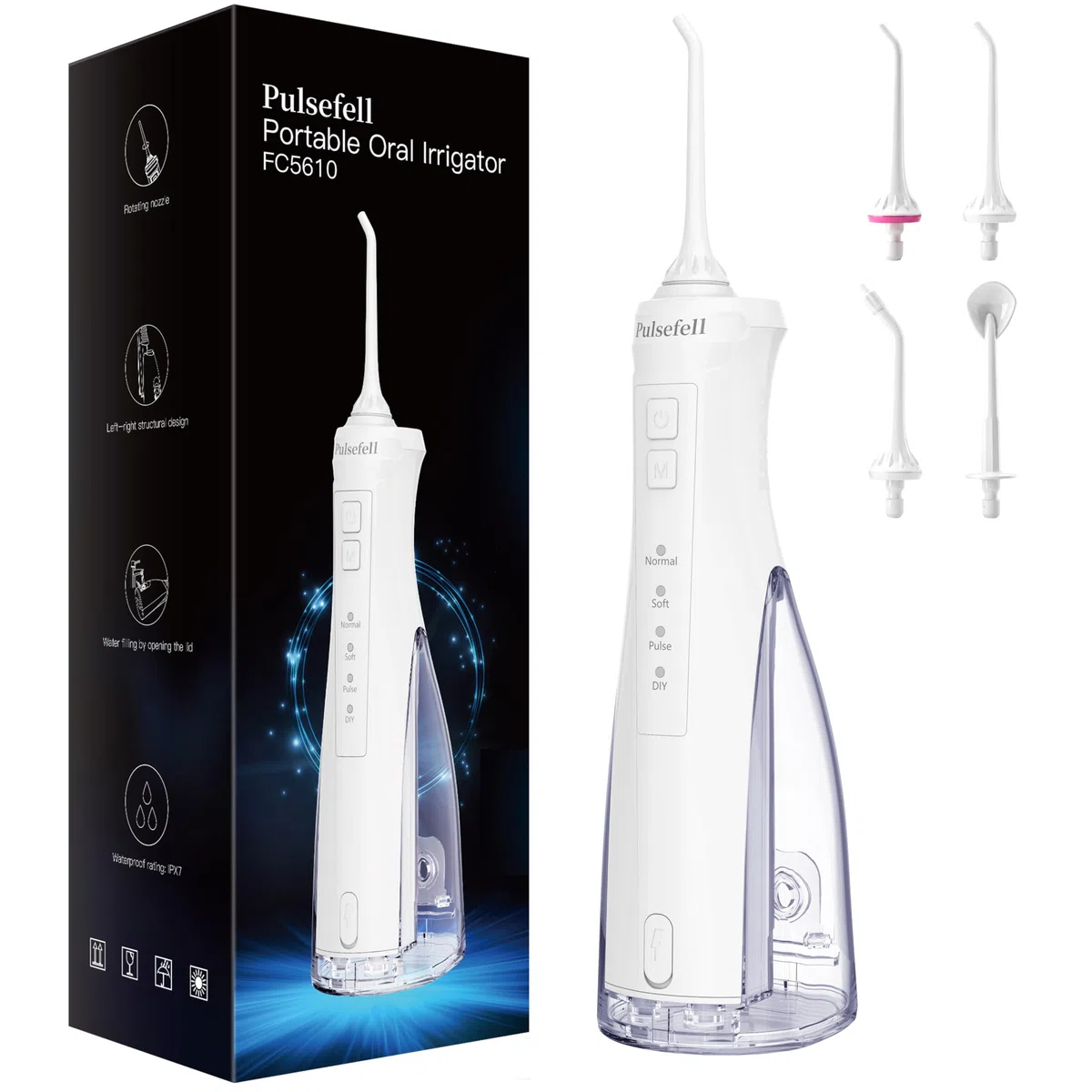 Jet Dentaire Hydropulseur Portable, 300 ML USB Rechargeable Sans Fil Hydropulseur Dentaire avec 4 Embouts et 4 Modes, étanche IPX7 Water Flosser pour Domicile et en Voyage (Blanc)