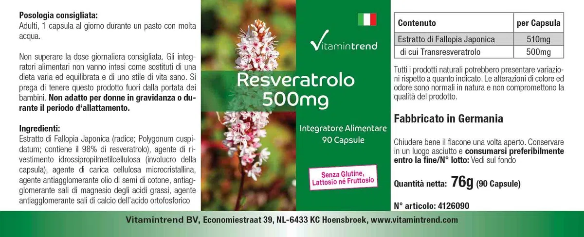 Vitamintrend Resvératrol 500 mg, 90 gélules d'extrait de renouée, hautement dosé, complément alimentaire végan sans stéarate de magnésium, fabriqué en Allemagne