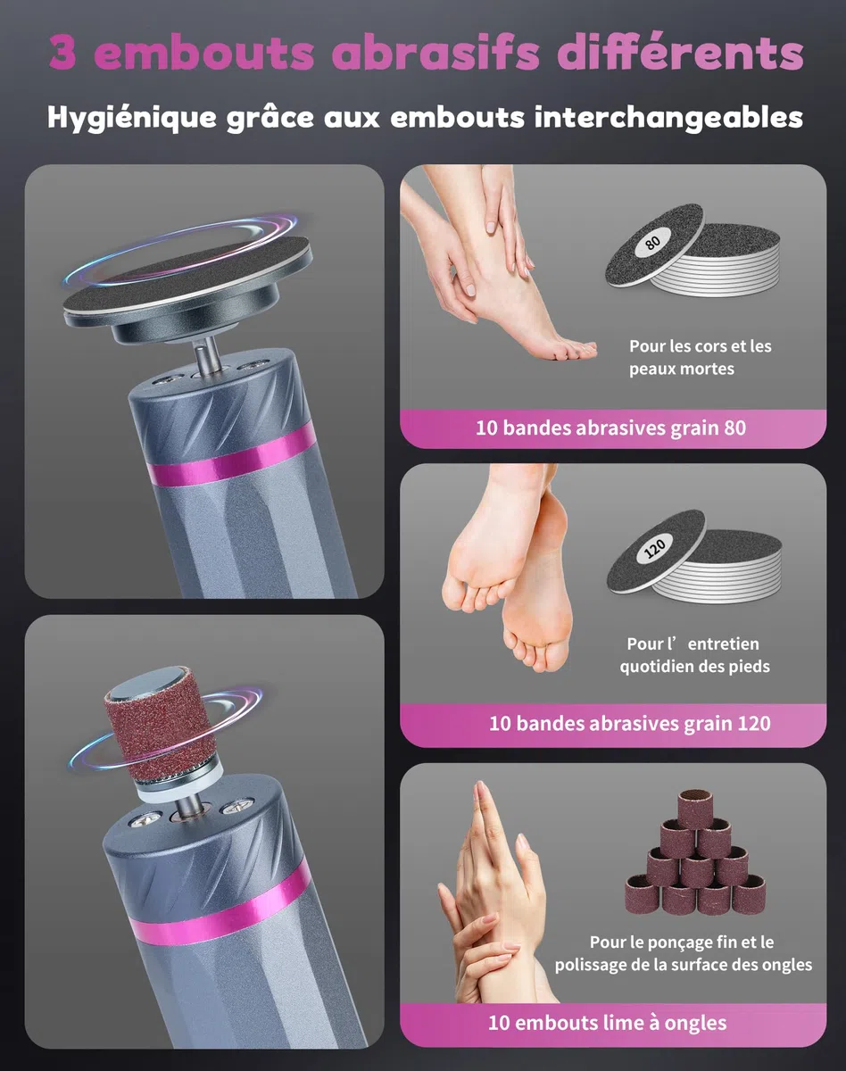 5 en 1 Rapeuse Pieds Électrique Ponceuse Pieds Electrique Râpe Pied Pédicure Rappe Pieds Lime HoneyGlow 9 vitesses réglables 4500tr/min Rechargeable 2000Mah Anti-Callosités(Gris)