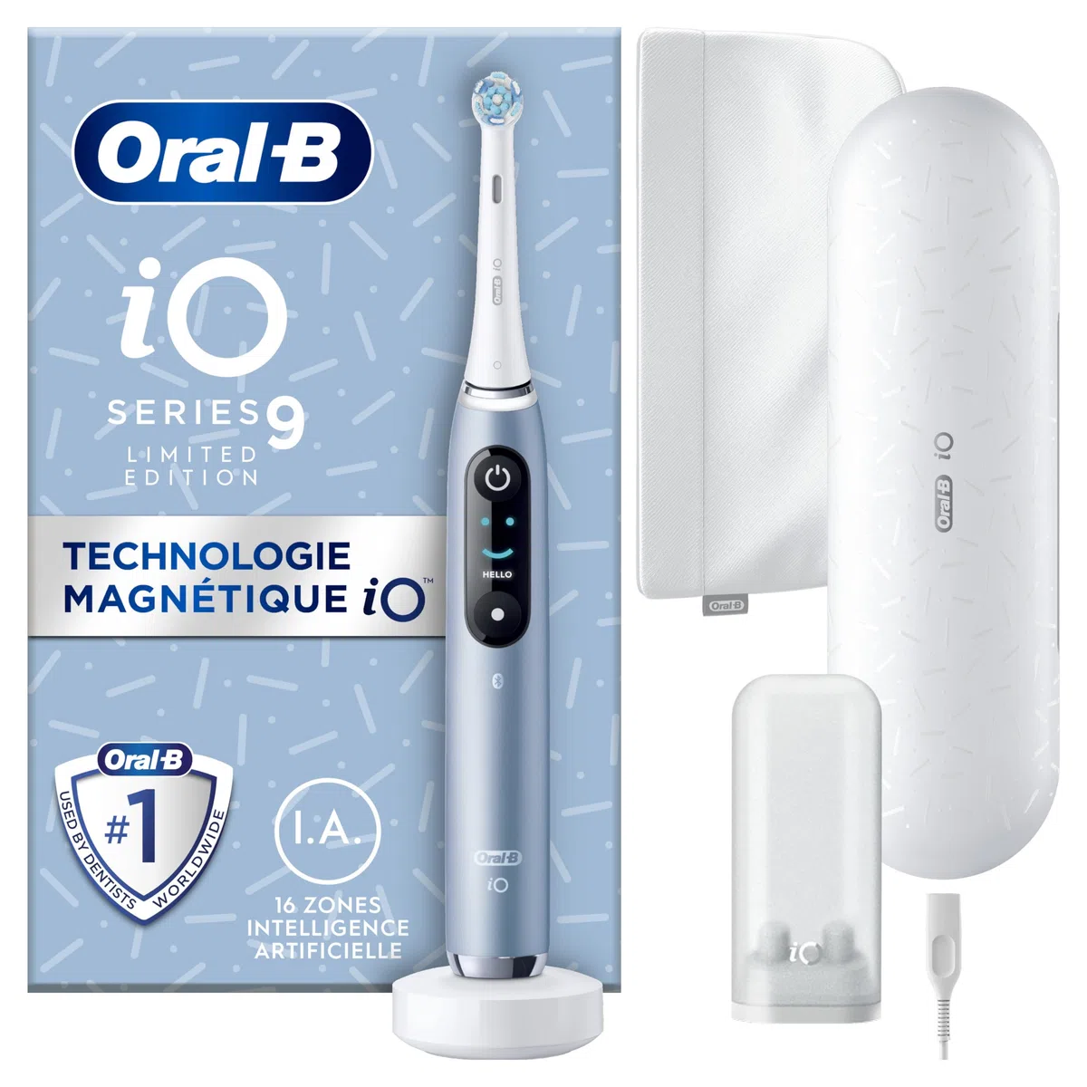 Oral-B Brosse A Dents Electrique iO 9 Bleue, 7 Modes De Brossage Dont Blancheur Et Soin Des Gencives, 16 Zones De Nettoyage, Ecran Interactif, Brossette Oral B De Rechange, Etui De Voyage