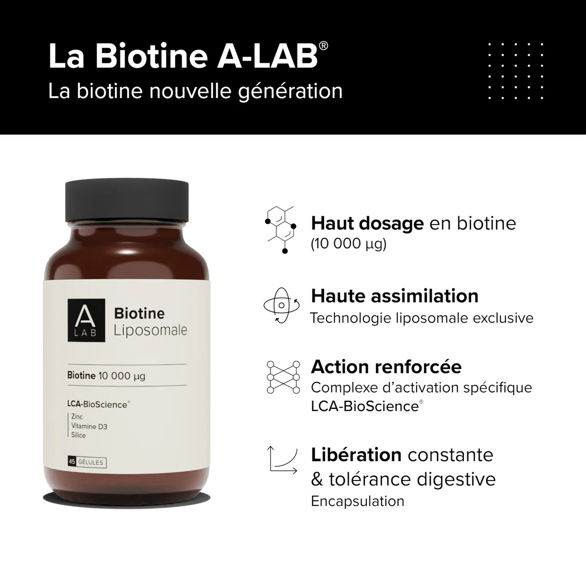 A-LAB Biotine Liposomale 10 000 µg - Pousse Cheveux & Ongles - Avec Zinc, Silice, Vitamine D3 - Assimilation Renforcée - 45 Jours