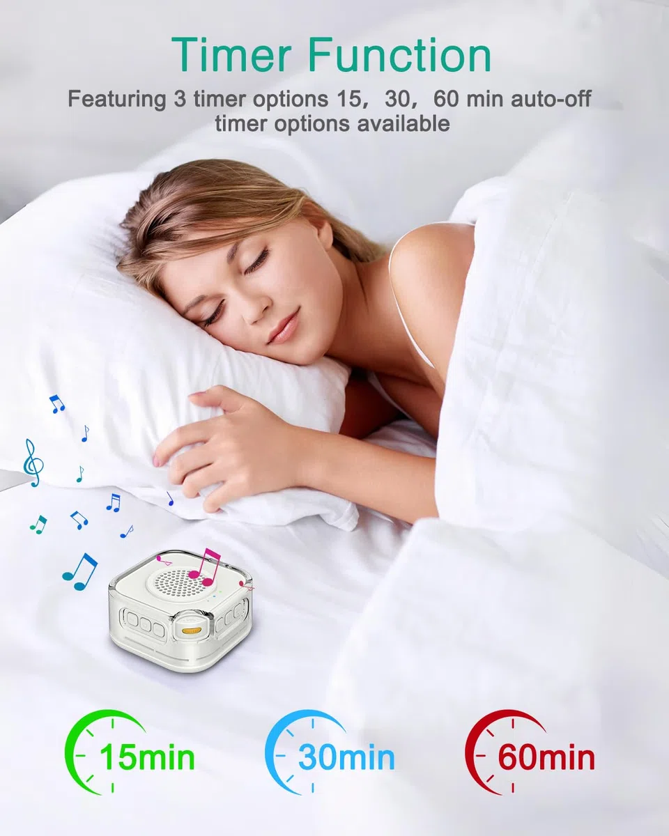 ORIA Machine à Bruit Blanc Portable, 28 Sons Apaisants, Veilleuse 3 Niveaux, Minuterie 15/30/60min, Batterie 1000mAh USB-C, Bluetooth, Aide au Sommeil pour Bébé Adulte Maison Voyage Bureau