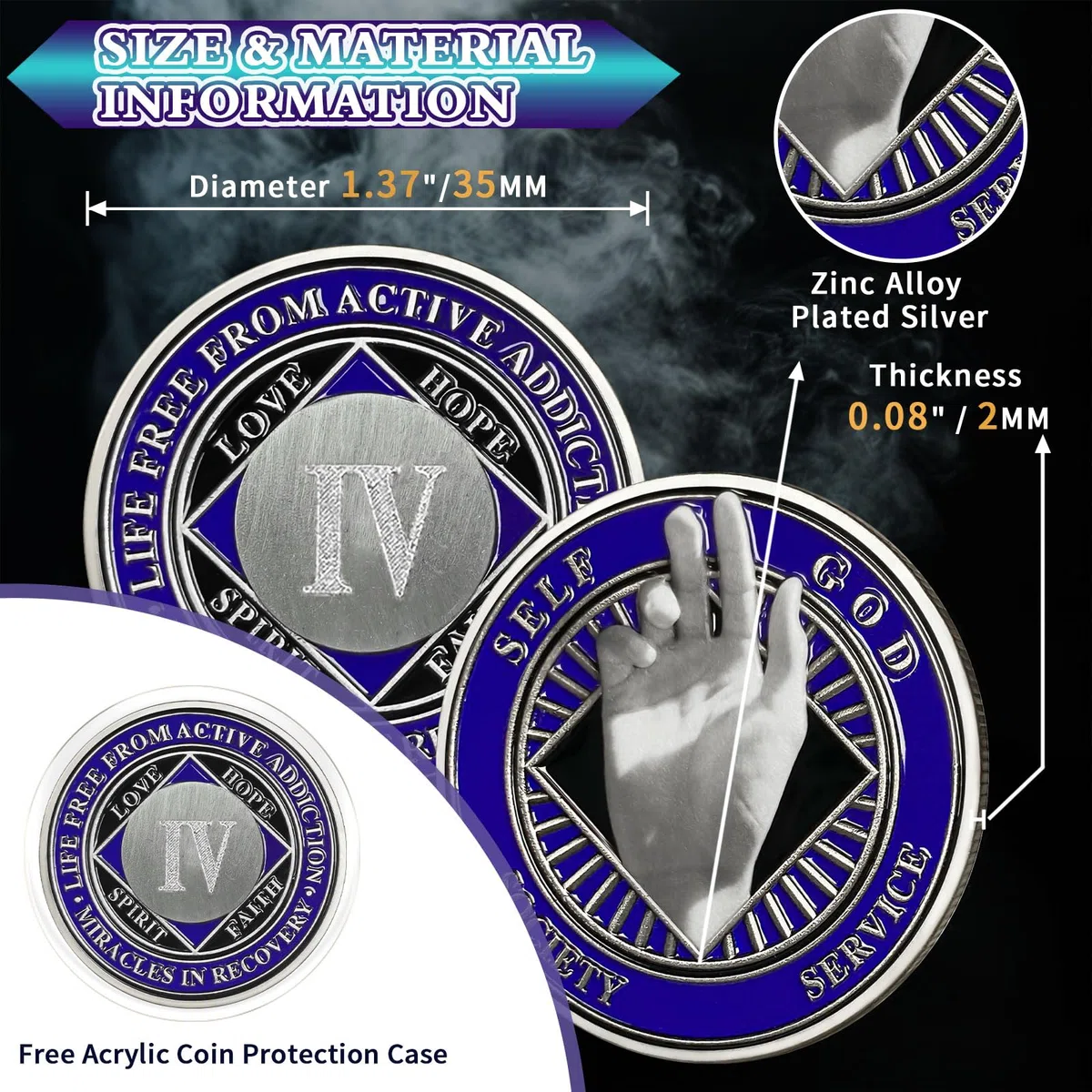Pièce Sober de 4 ans Upward Hand | Pièce NA bleu-argent – Médaille étape de récupération de la dépendance avec capsule de jeton, cadeau de sobriété pour homme et femme