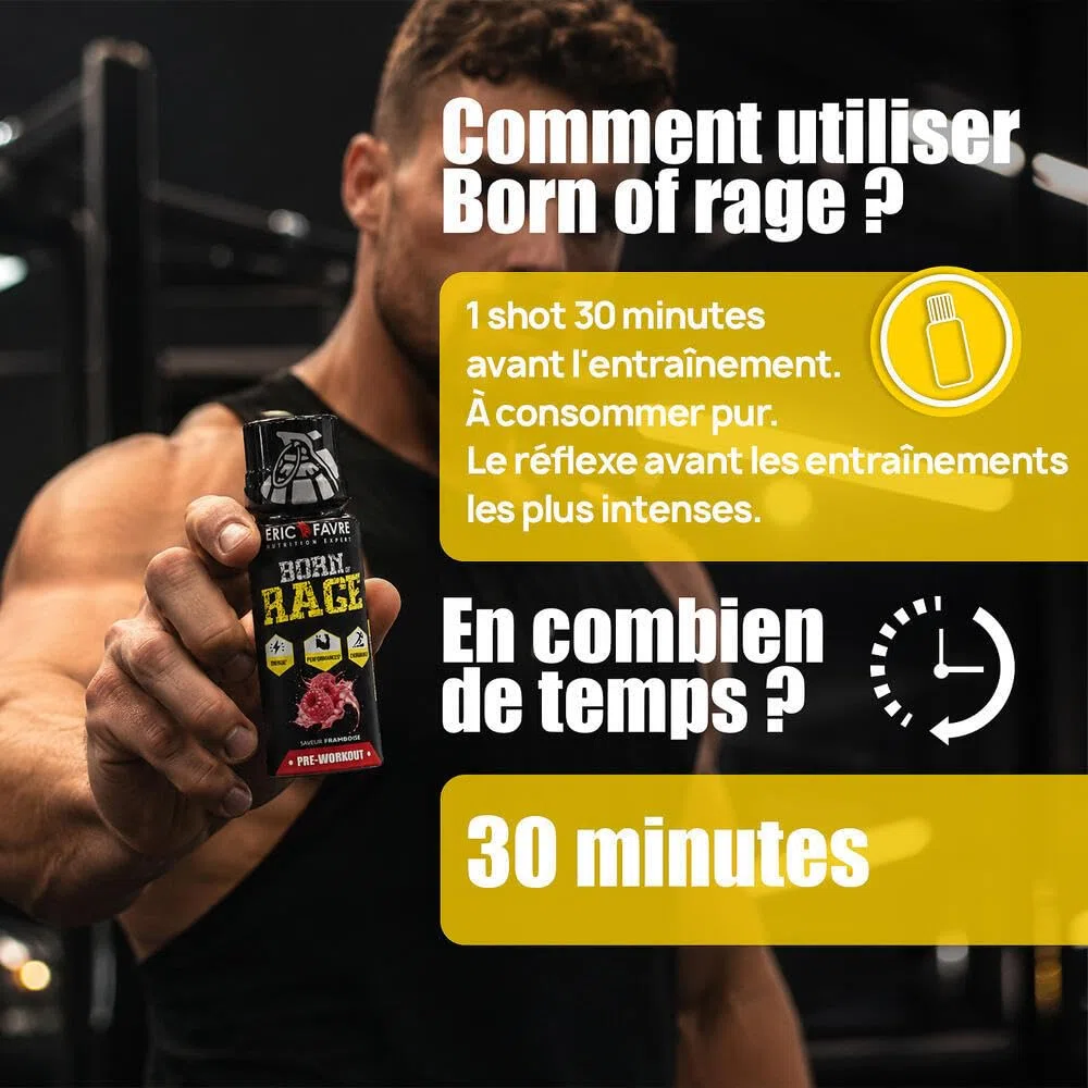 BORN OF RAGE SHOT PREWORKOUT - Énergie Instantanée - Booster Musculaire - Caféine Haute Teneur - Endurance & Performance - Display 12x50ml - Saveur Citron - Eric Favre