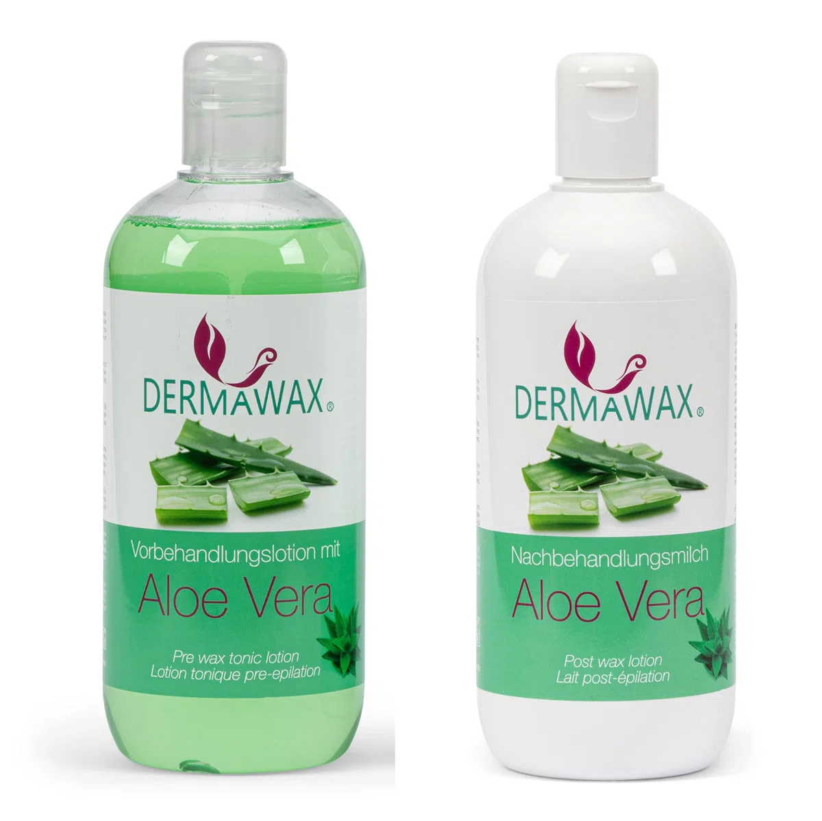 Dermawax Kit Pré & Post Épilation 2x500 ml – Lotion Tonique Aloe Vera Avant Cire Chaude, Perles de Cire ou Sugaring + Lait Après-Épilation Aloe Vera – Soin Homme & Femme – Made in Italy
