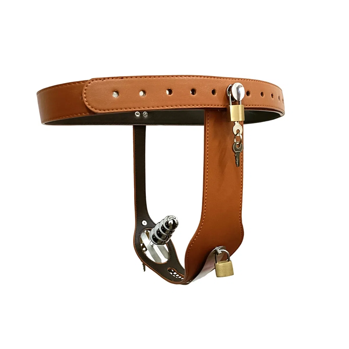 Ceinture de chasteté verrouillable for femme avec 2 serrures et plug anal à 4 boules, culotte de chasteté en cuir verrouillable, cage de chasteté confortable SM bondage sex toy for femme(Brow