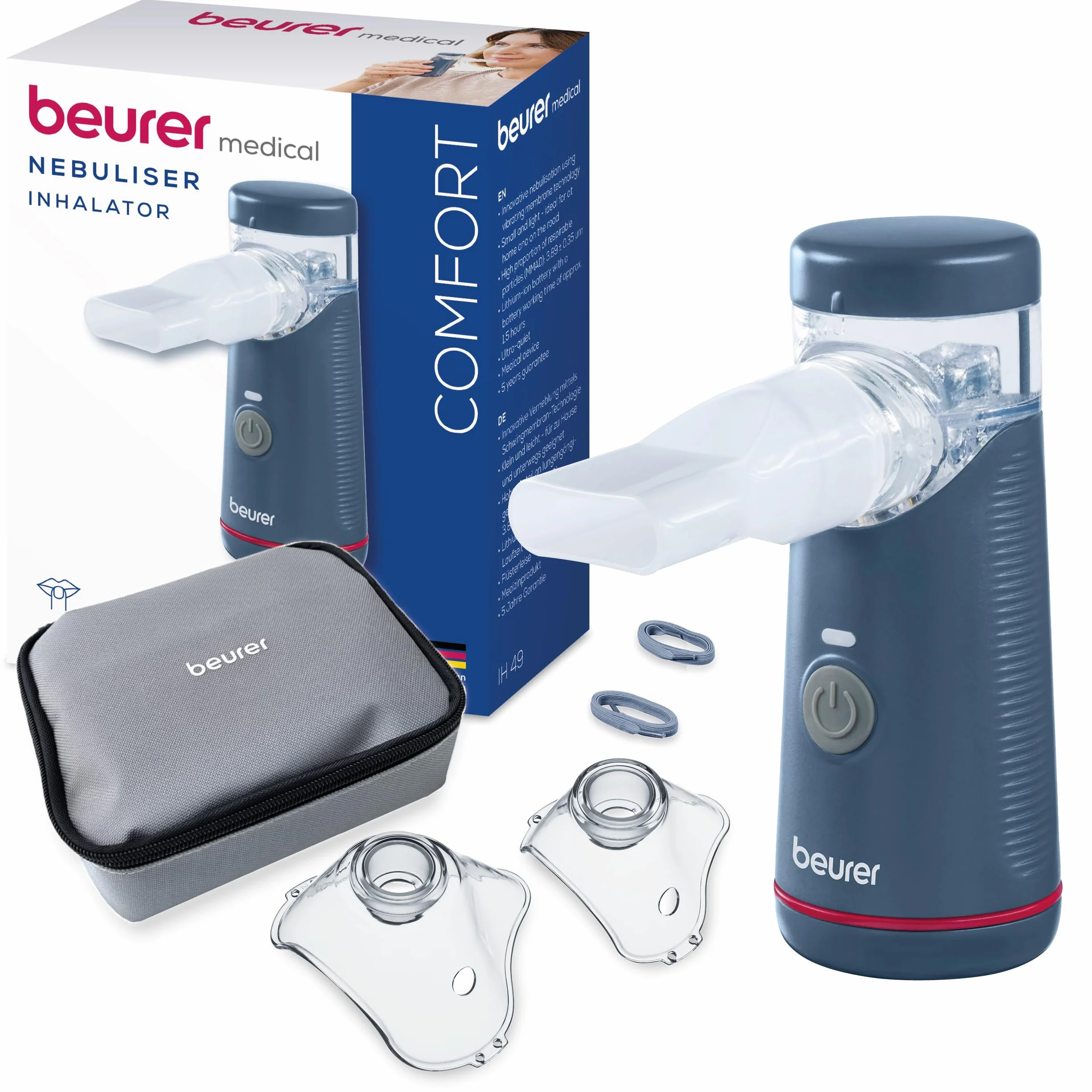 Beurer IH 49 inhalateur portable, pour enfants et adultes en cas de rhume, d’asthme et autres maladies respiratoires, batterie rechargeable, particulièrement silencieux, sac de rangement