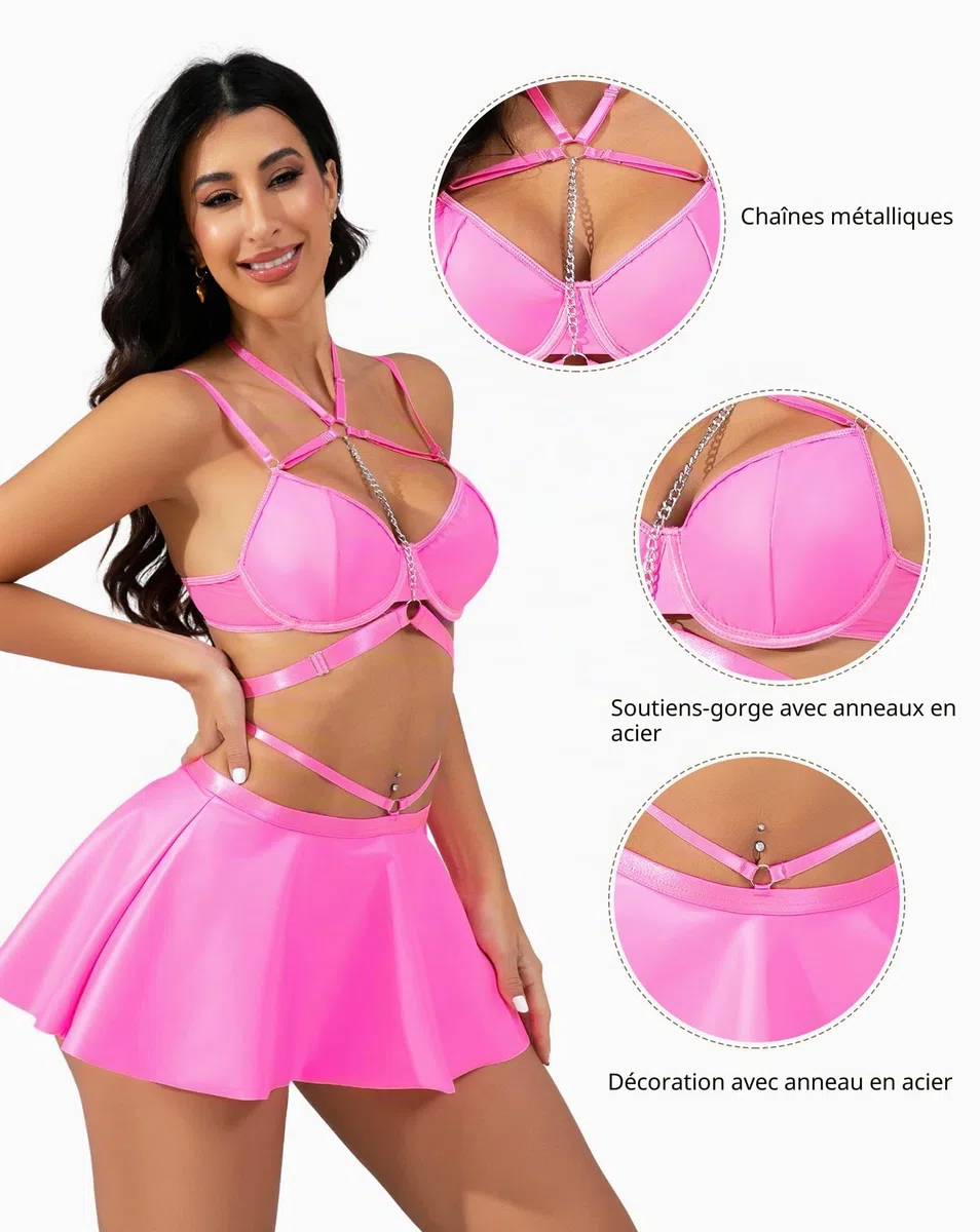EVELIFE Ensemble de robes sexy en cuir pour femme, dos nu avec chaîne en métal, soutien-gorge push-up, effet mouillé, sous-vêtements courbés, élégants, en cuir synthétique, pour fête, rave, club, mini