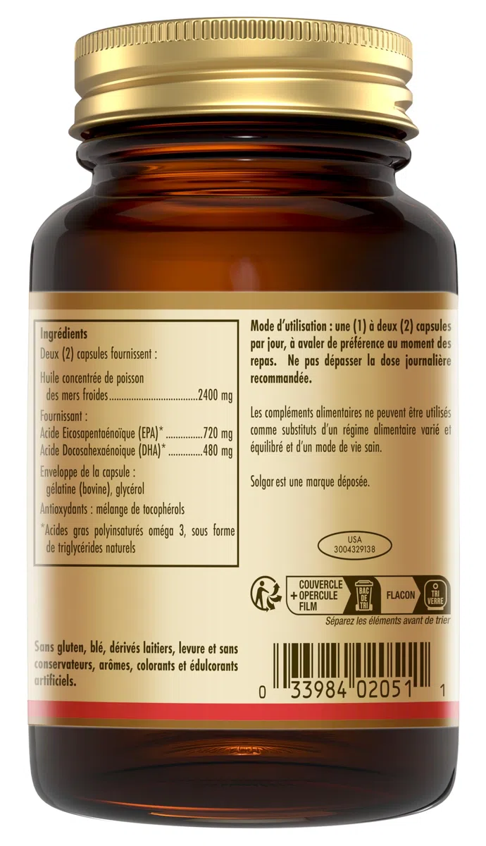 Solgar Omega 3 - Acide Gras Essentiel pour l'Organisme - Fonction Cardiaque Normale - Formule Concentrée - EPA et DHA - Hautement Assimilable - Complément Alimentaire - Flacon de 60 capsules
