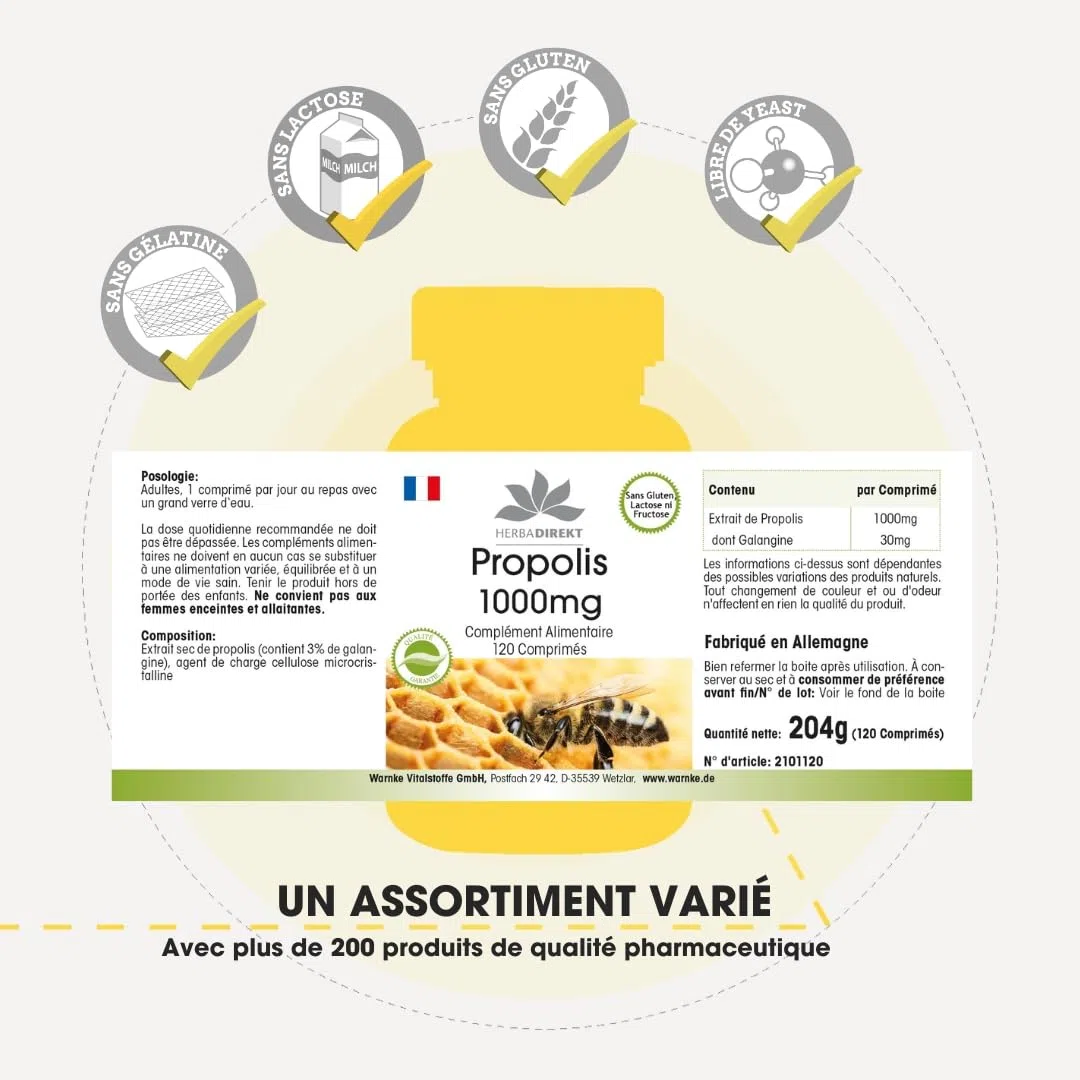 Propolis 1000mg - dosage élevé - 120 comprimés - avec 3% de Galangin | Warnke Vitalstoffe - Qualité des pharmacies allemandes