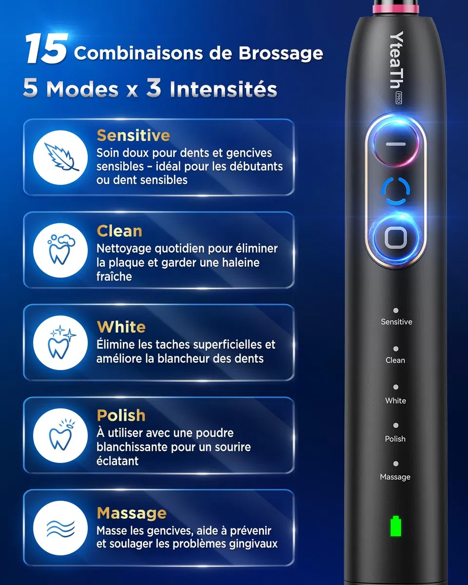 YTEATH PRO Brosse À Dent Électrique Rotatives pour Adultes - Brosses À Dents Rotatives avec 3 Intensités 5 Modes, 8 Têtes, Étanche IPX7, Brosse A Dent Electrique de Voyage, Noir Profond